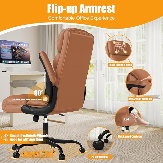 Executive Office Chair with Flip-up Armrests,Ergonomic Computer Desk Chairs,Mid-Tall Back Leather Office Chair 400 Lbs,Lumbar Support Swivel PC Chair with Rocking Function