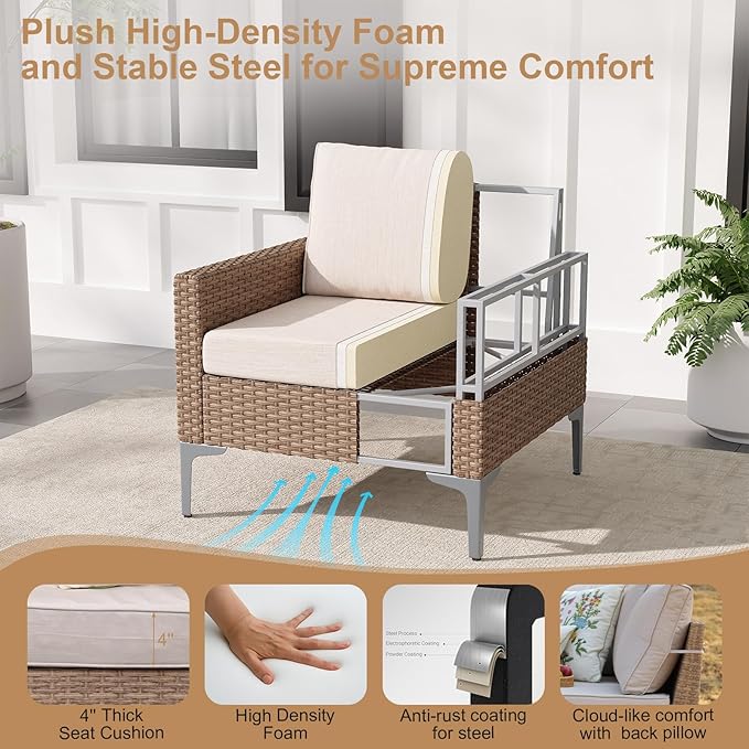 2 Pieces Patio Single Sofa Chairs Outdoor Sofa Armchairs with Anti-Slip Cushions and Waterproof Cover for Balcony,Deck,Beige