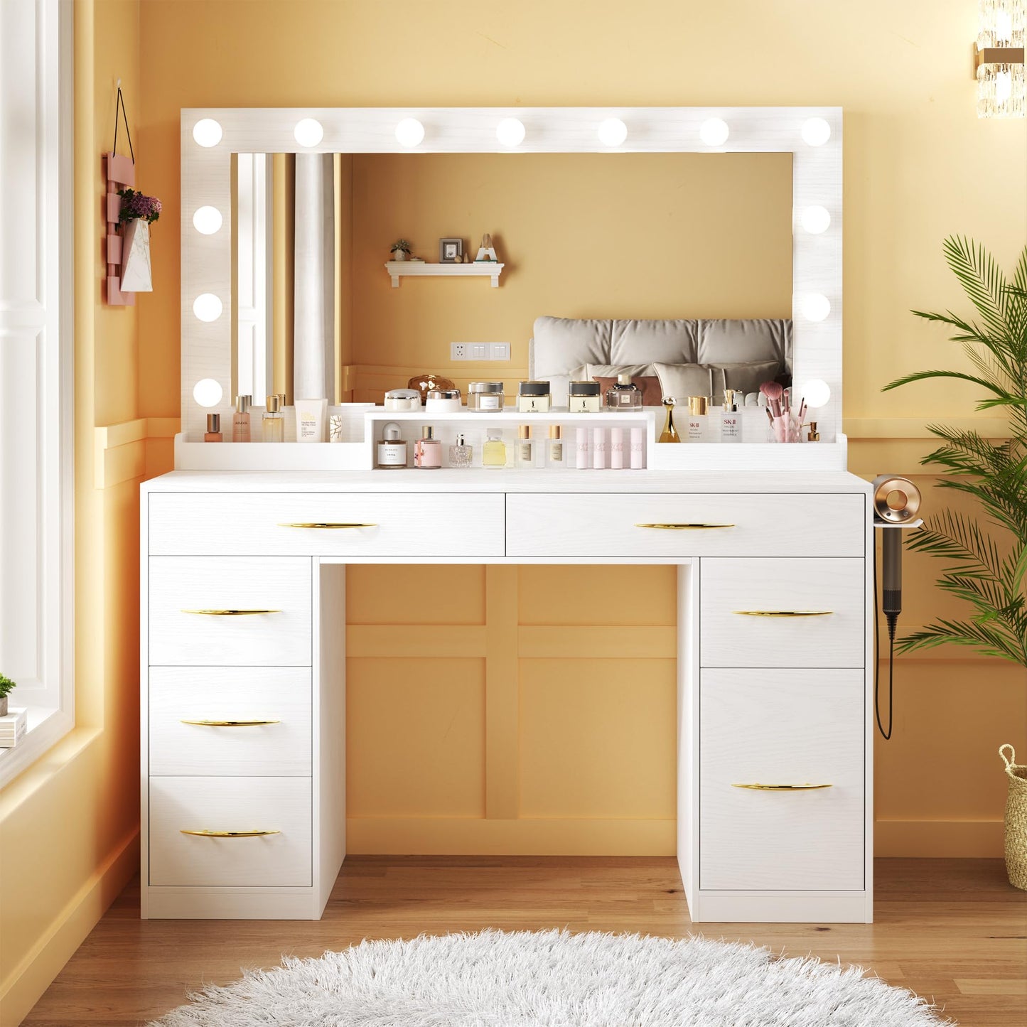 ALEXNUTRE Vanity Desk with Mirror and Lights, Makeup Vanity with Outlets & Large Mirror & 6 Drawers,White Vanity with 3-Color Adjustable Lighting, Makeup Vanity for Bedroom