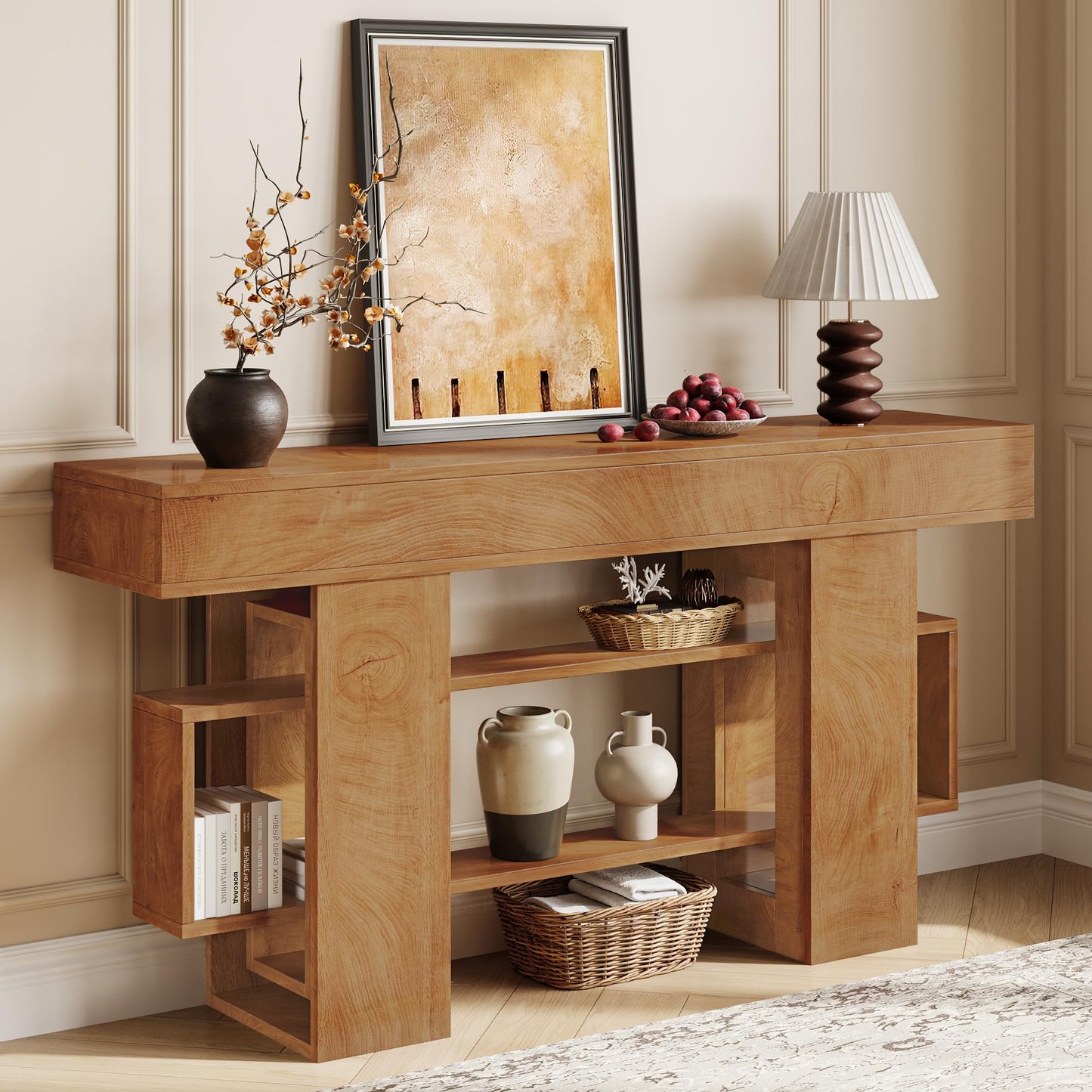 Einhomn 63 Inch Console Table with Storage, Looped Frame 3-Tire Wooden Sofa Table Behind The Couch, Farmhouse Entry Foyer Table for Entryway, Living Room, Hallway, Natural