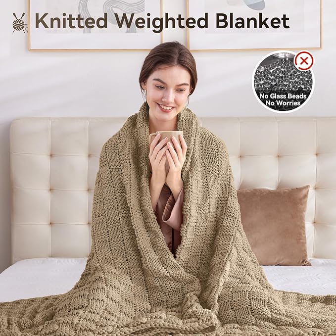 Knitted Weighted Blanket for Adults, 50' x 60'' 5lbs, Breathable Chunky Knit Blanket, Cooling for Hot Sleepers, Christmas Home Decor (Camel)