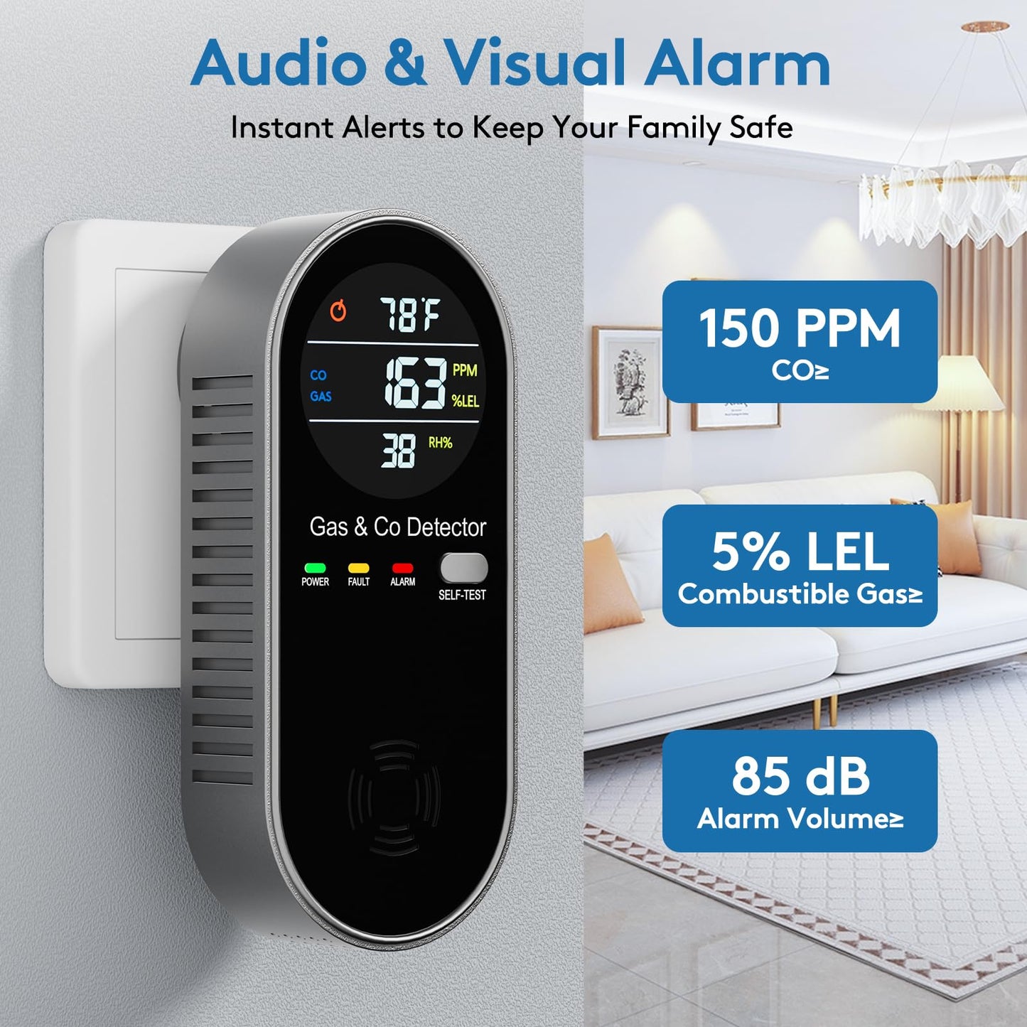 4-in-1 Plug in Combination Gas & Carbon Monoxide Detector, CO Alarm with Fahrenheit(°F) & Humidity LCD Display for Home and Travel (1 Pack)
