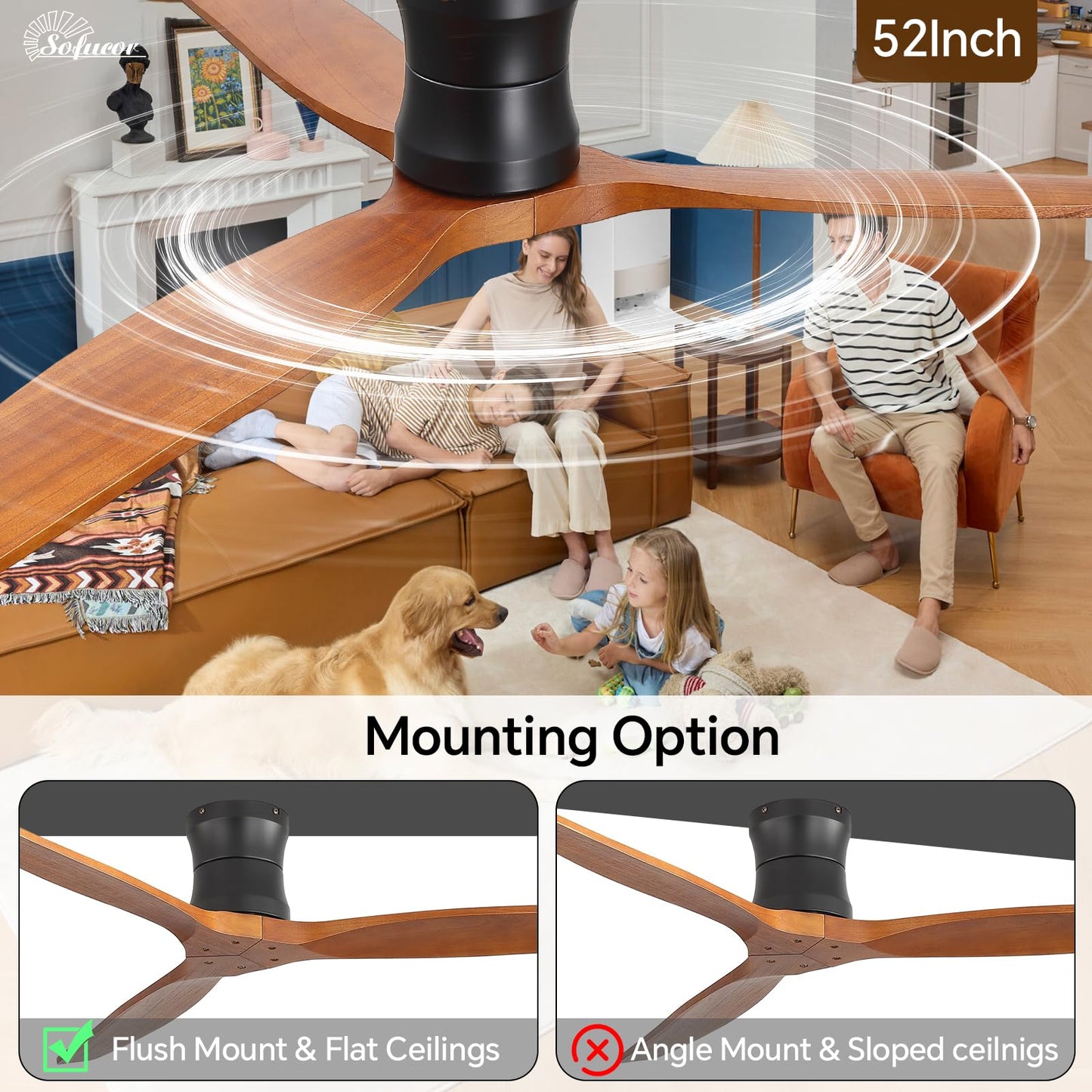 Sofucor 52" Smart Ceiling Fan No Light, Solid Wood Low Profile Ceiling Fan with Remote, Flush Mount Ceiling Fan Works with Alexa/Google/App 6-Speed Timing Reversible DC Motor for Living Room Bedroom