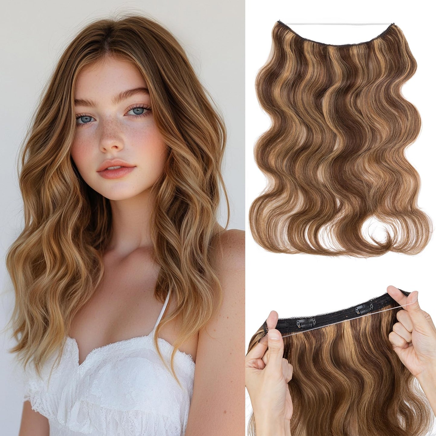 S-noilite Wavy Halo Hair Extensions Real Human Hair,16Inch Invisible Wire Hair Extensions,2 Clips Halo Extensions for Women(Medi