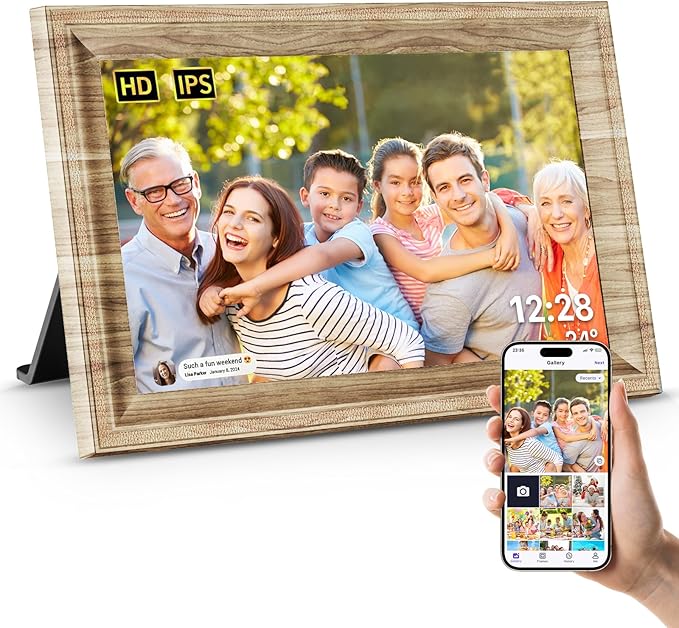 Digital Picture Frame WiFi Send Photos from anywhere16GB Storage Smooth System 10.1inch 1280x800 IPS Touch Screen Wood Light Color