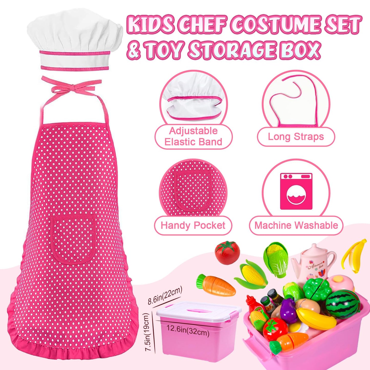 121Pcs Play Kitchen Accessories, Kids Kitchen Playset, Pretend Play Food Tea Party Set, Toy Kitchen Kids Cooking Real with Apron＆Chef Hat, Utensils Cookware Pots＆Pans, Toy Organizer, Toddler Toys Gift
