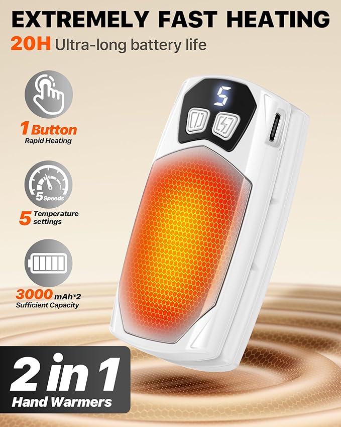 Kesguar Hand Warmers Rechargeable 2 Pack - 6000mAh Electric AI Handwarmers, LED Display & 5-Level Heating, 20Hrs Long Lasting, 2-in-1 Portable Heater, Gifts for Men/Women/Golf/Hunting