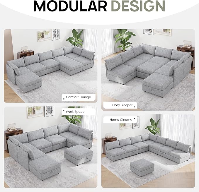 Oversized Modular 8 Seater Sofa with Removable Covers and Storage, Convertible U, L-Shaped and Sleeper Sectional, Modern Sectional Couch with Ottoman Chaise for Living Room, Bedroom, Apartment, Gray