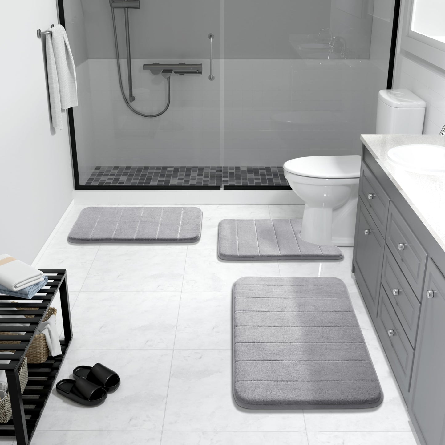 Yimobra Memory Foam Bath Mat, Super Soft Absorbent Bathroom Rug Non Slip 24x17 Inch, Quick Dry, Machine Washable Floor Carpet for Tub Shower, Home Decor Accessories, Gray