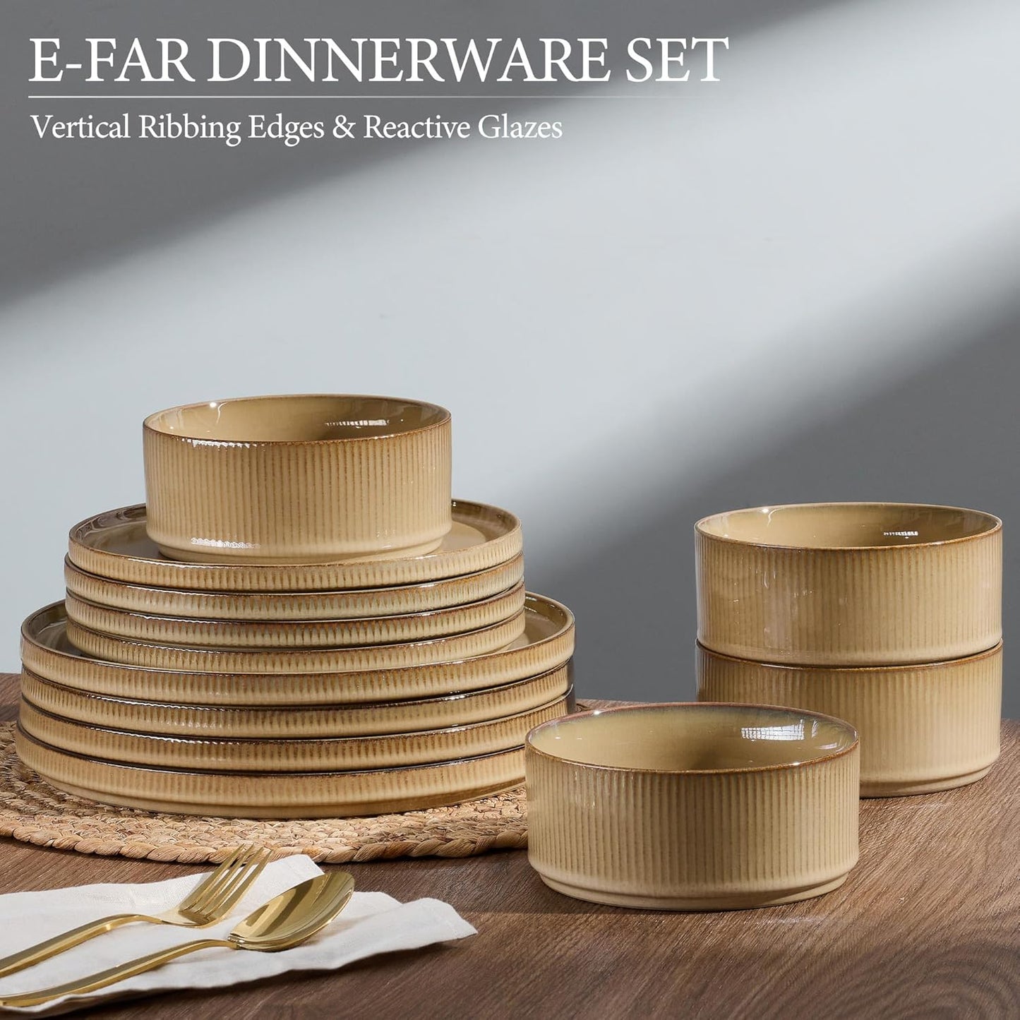 E-far 16 Piece Dinnerware Sets, Plates and Bowls with Pasta Bowls Service for 4, Modern Stoneware Ribbed Dishes for Kitchen Dining, Microwave & Dishwasher Safe, Caramel Khaki