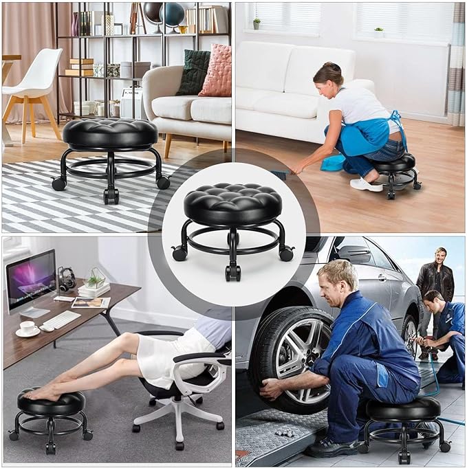 LWADALN Low Height Rolling Stool Roller Stool PU Leather Comfortable Seat 360°Swivel Rotating, Modern Rolling Chair for Home Office Garage Shop