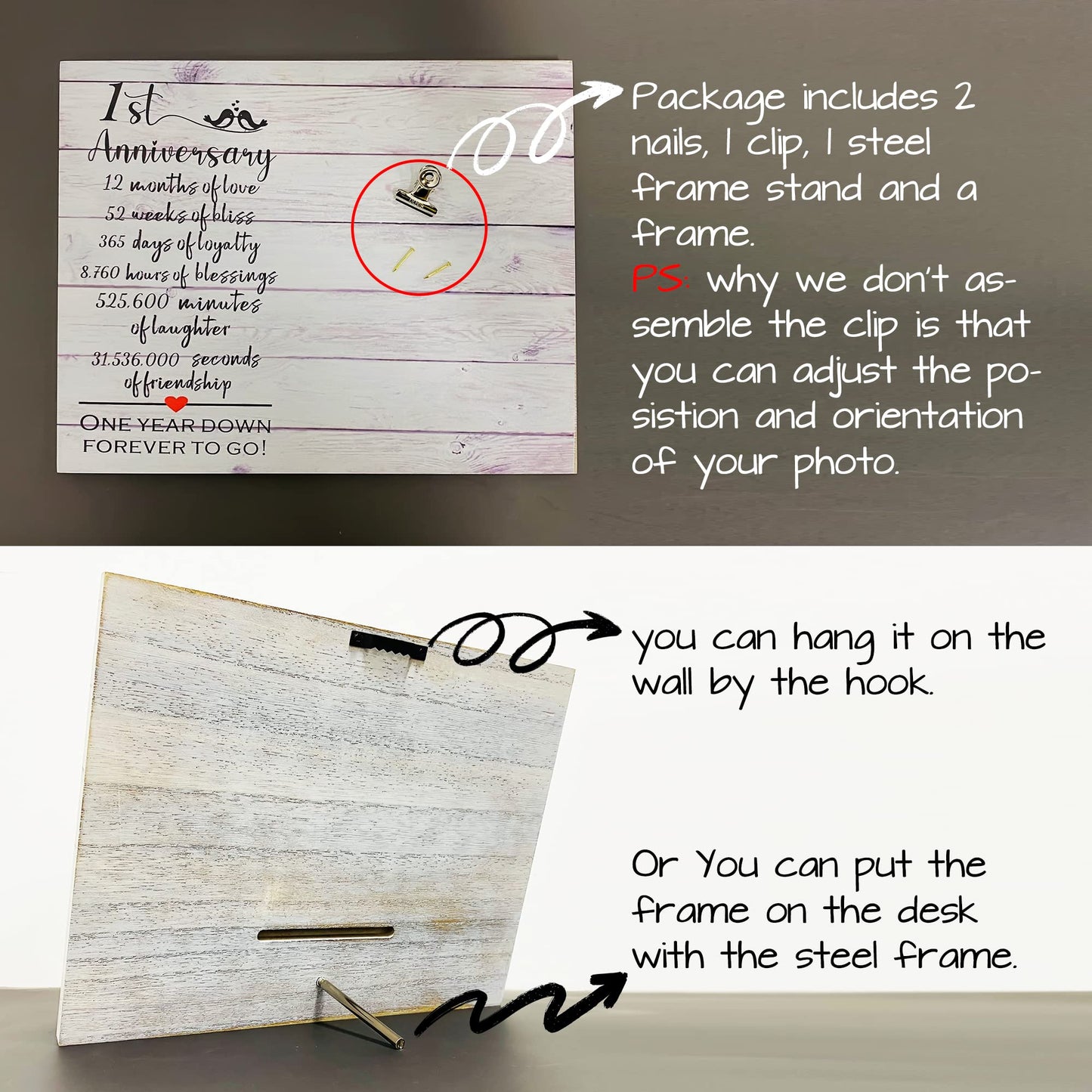 1 Year Anniversary Picture Frame Gifts for Couple, 1st Anniversary Frame for Her Him, One Year Anniversary Wedding Gifts for Wife Husband, First Year Anniversary Present for Girlfriend Boyfriend