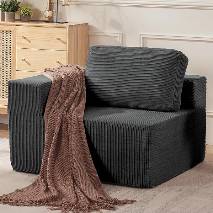 Furnify 40" Modular Upholstered Foam Couch, Upholstered Floor Sofa Couch with Pillow, Single Sofa for Bedroom Living Room, No Assembly Required (Corduroy Fabric, Grey)