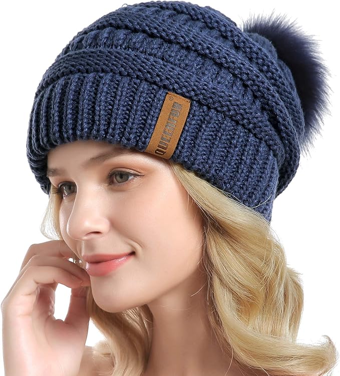 QUEENFUR Women Knit Slouchy Beanie Chunky Baggy Hat with Faux Fur Pompom Winter Soft Warm Ski Cap