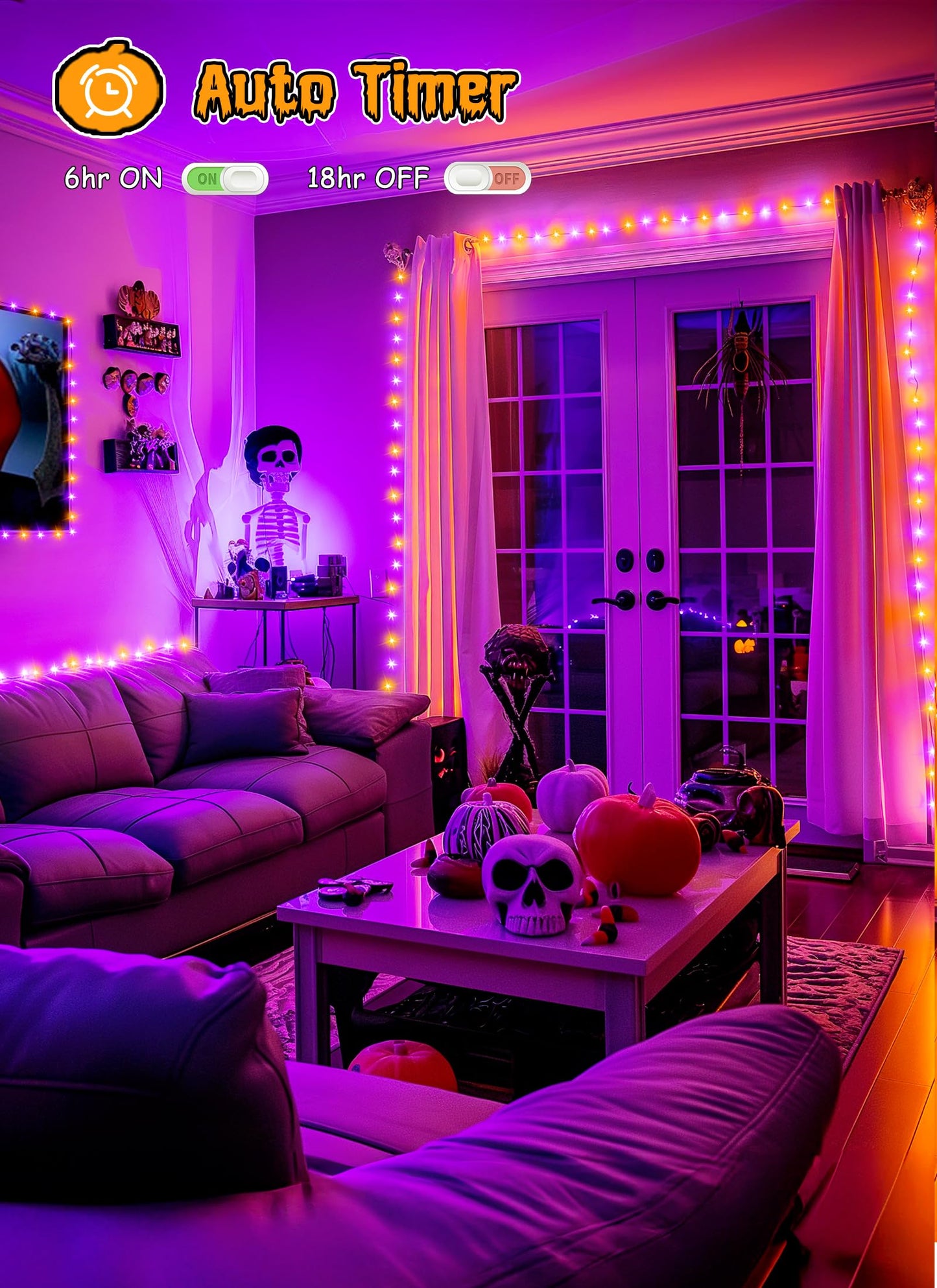 Brightown Battery Operated Halloween Lights Outdoor, 10FT 120 LED Orange and Purple Halloween Cluster Lights with Timer, 8 Modes Waterproof Twinkle Fairy String Lights for Indoor Decorations