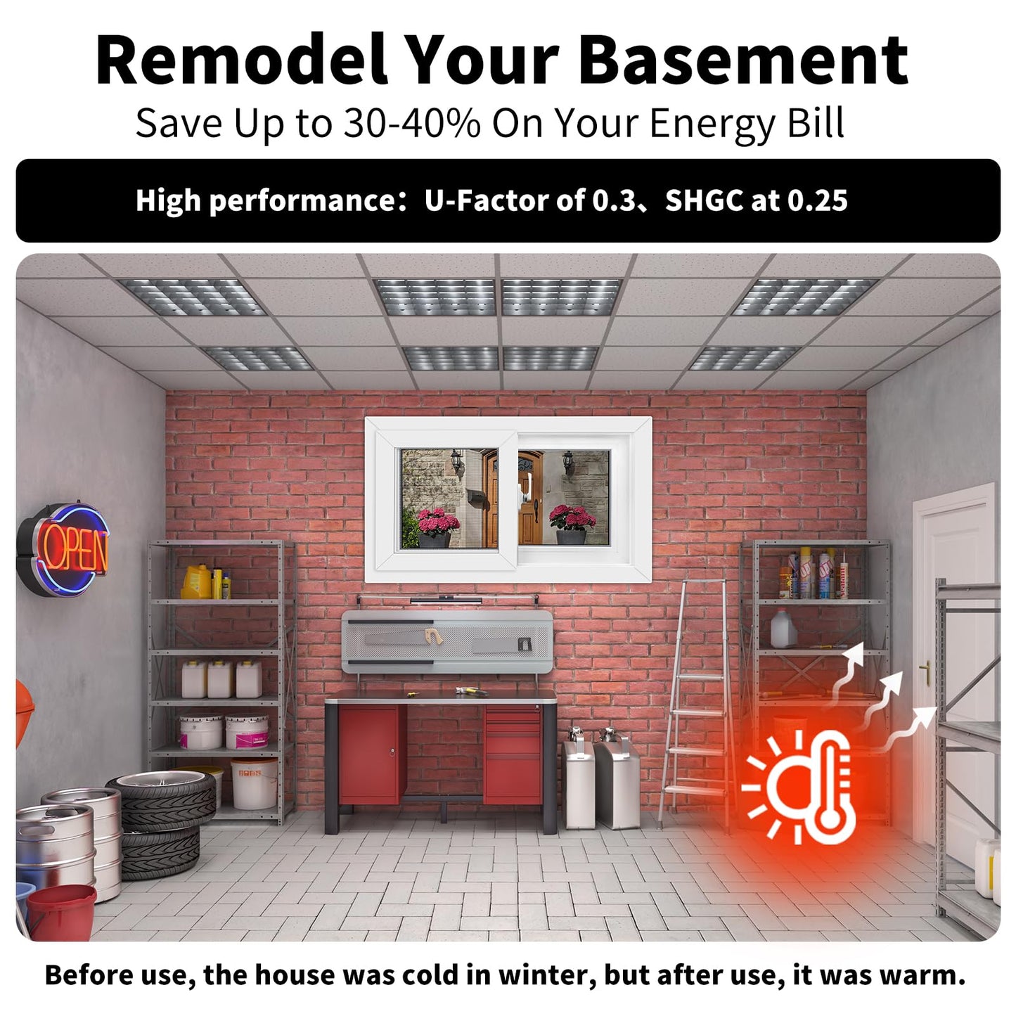 NOOTA Vinyl Basement Window,32" x 14"(14"&16"&18"&20"), Basement Sliding Window with Double Glazing,Sliding Windows with Screen Windows，White