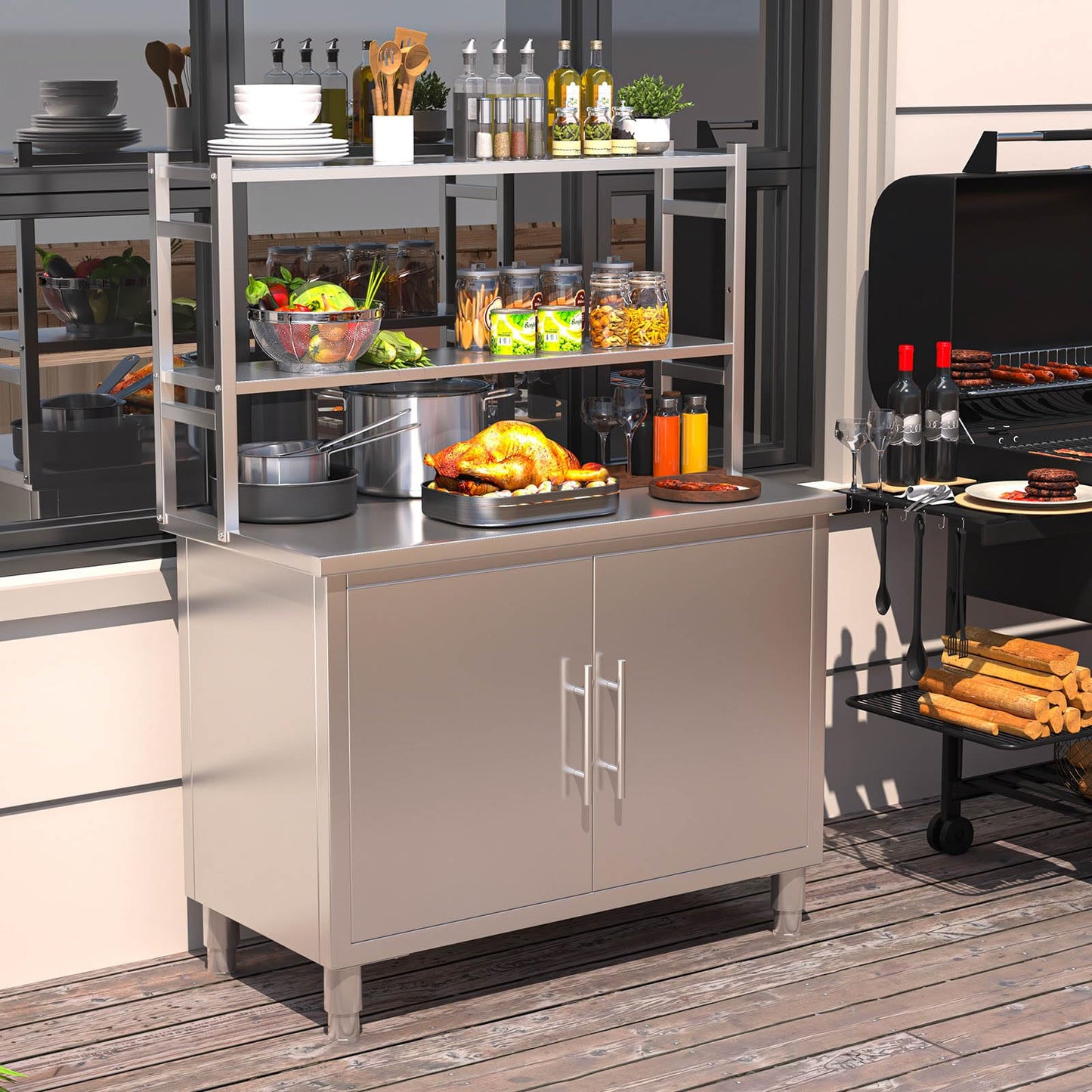 JFHID Stainless Steel Table with Cabinet 40"x20" Prep Worktable for Commercial Kitchen Steel Countertop with Adjustable Tier & Cabinet Shelf Work Table Workbench for Home Restaurant