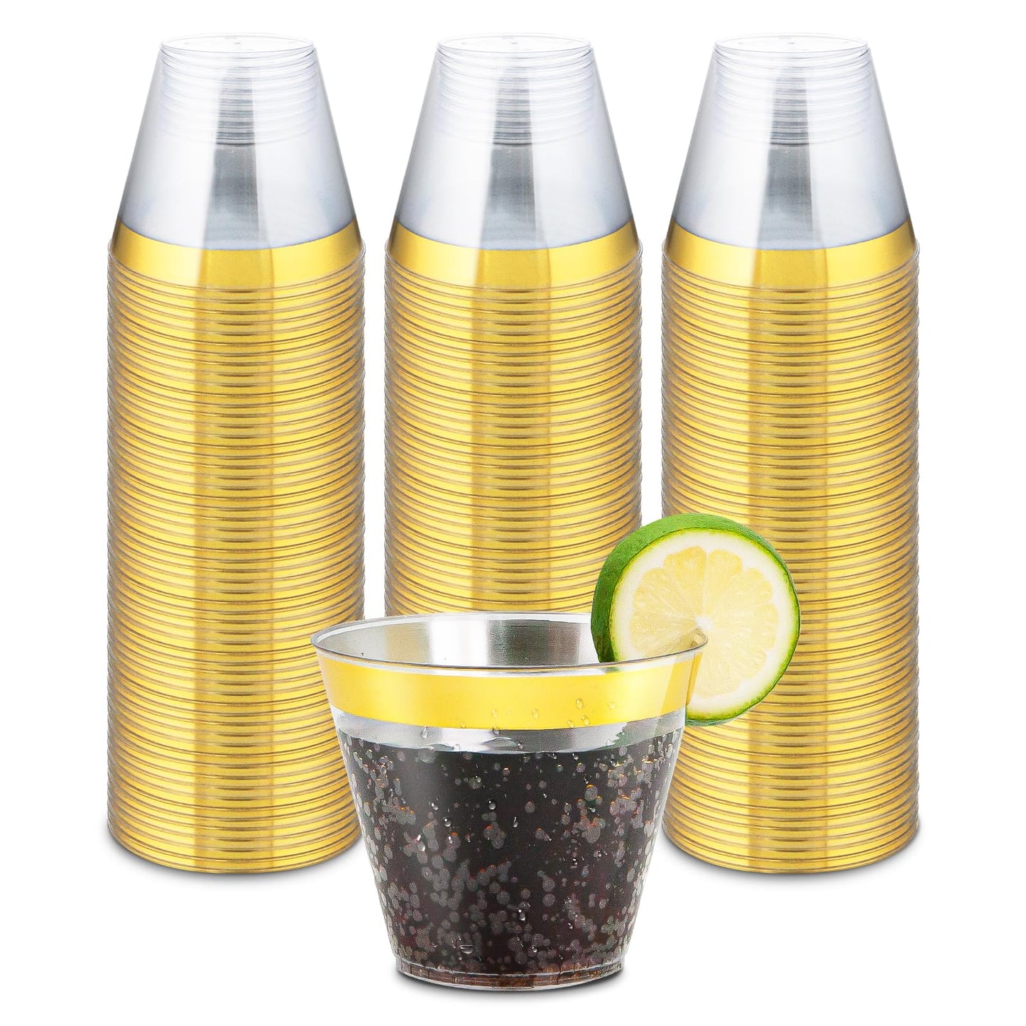 Byvivace 100Counts 9 OZ. Disposable Cups Old fashioned Party Tumblers, 9 Ounce Squat Cups Gold Rimmed Hard Plastic Party Wedding Cups with Gold Rim
