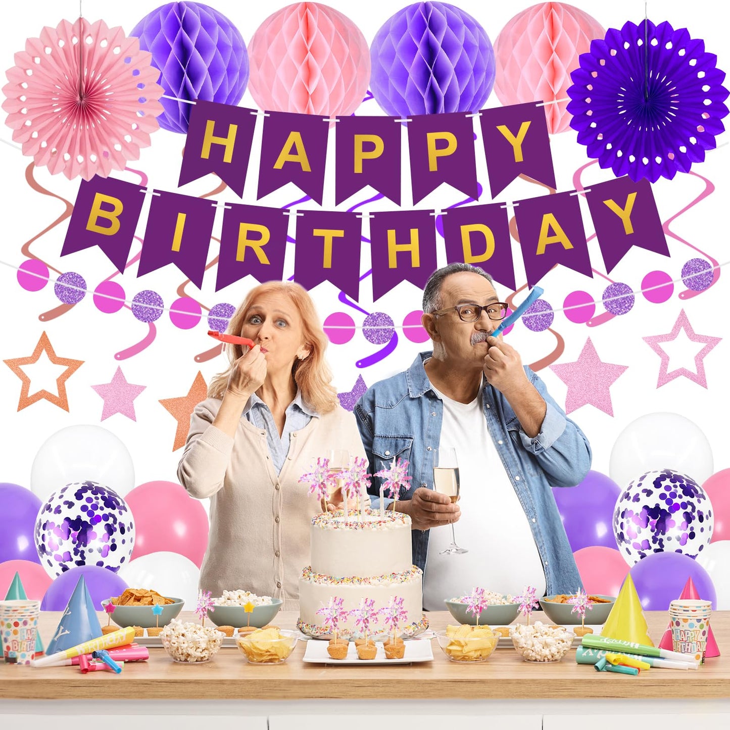 Purple Birthday Decorations Happy Birthday Banner Pink and Purple Balloons Stars Circle Garland Hanging Swirl Streamers Hanging Honeycomb Balls 69PCS Party Decorations for Women Men