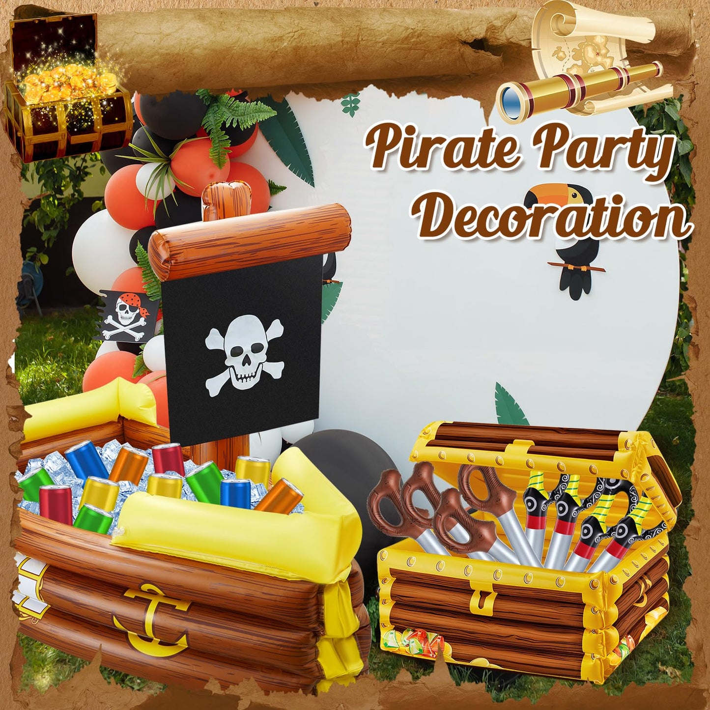 Cunhill 14 Pcs Pirate Party Set Birthday Pirate Party Decoration 1 Pc Funny Inflatable Pirate Ship Drink Cooler 1Pc Blow up Treasure Chest 12 Pcs Kid Sword for Supplies Beverage Serving Container Pool