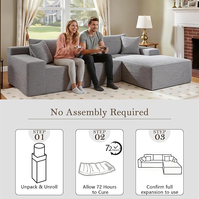 105’’ L-Shape Modular Sectional Sofa with Chaise, Convertible Cloud Couch, Corduroy Fabric & High-Density Memory Foam, No Assembly Required for Living Room (Grey, Right Facing Chaise)