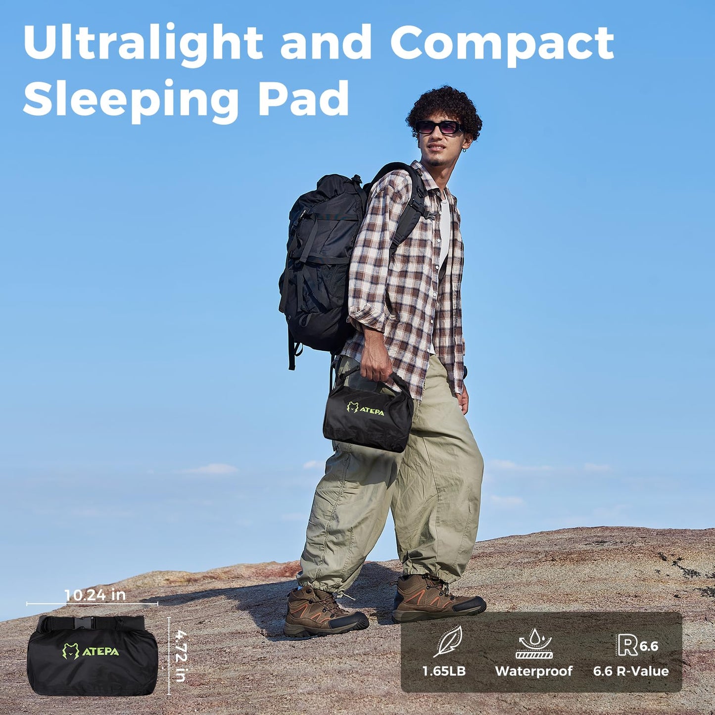 ATEPA ThermAir Pro Backpacking Sleeping Pad, 6.6 R-Value Insulated Ultralight Inflatable Sleeping Pad Folding Camping Pad with 7 Layers & Storage Bag for Camping Backpacking, Wide Long Size (78"x27")