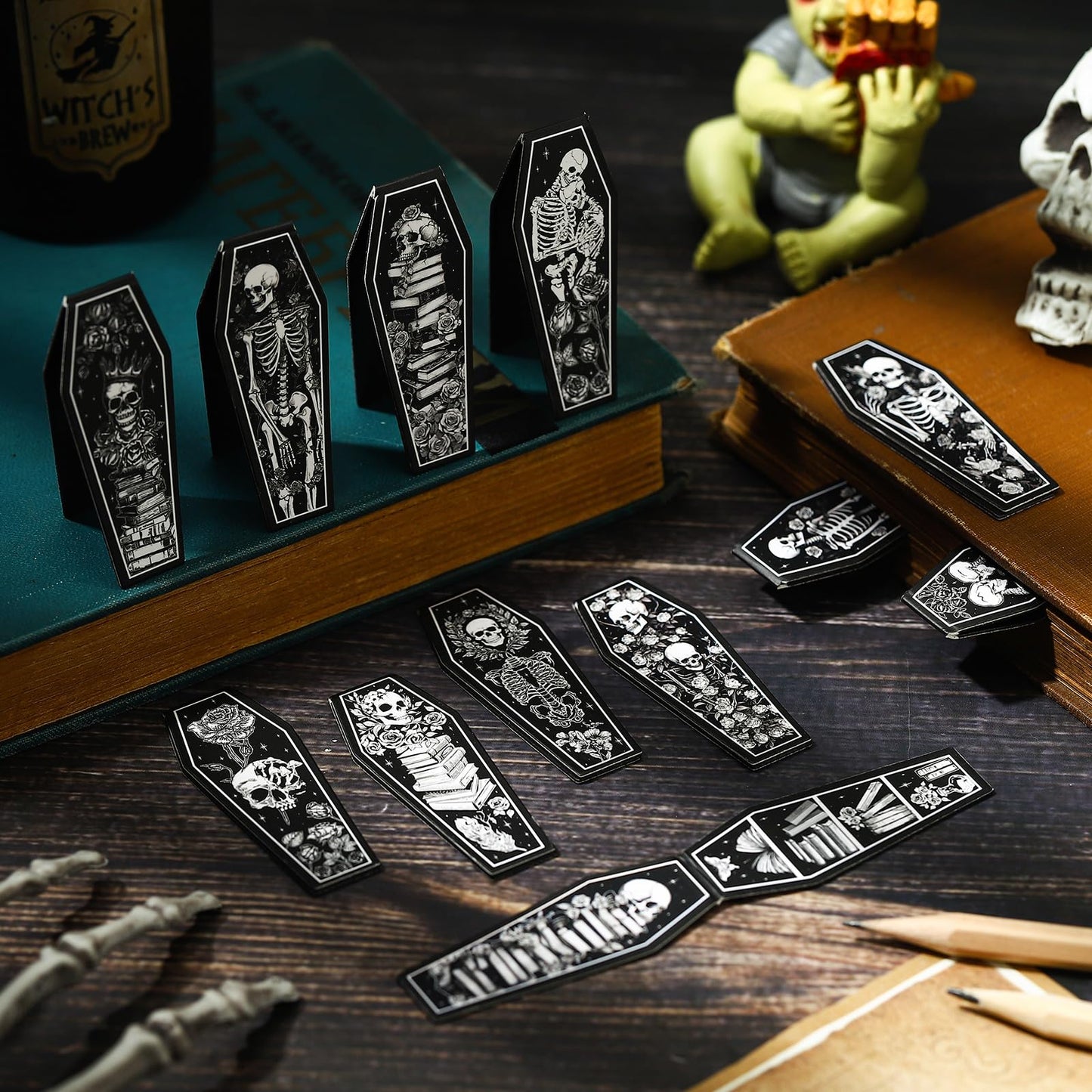 Clabby 48 Pcs 12 Style Mini Size Gothic Skeleton Coffin Magnet Bookmarks with Magnet Halloween Gothic Book Marker Holiday Gift for Book Lovers Bookworm Bookish
