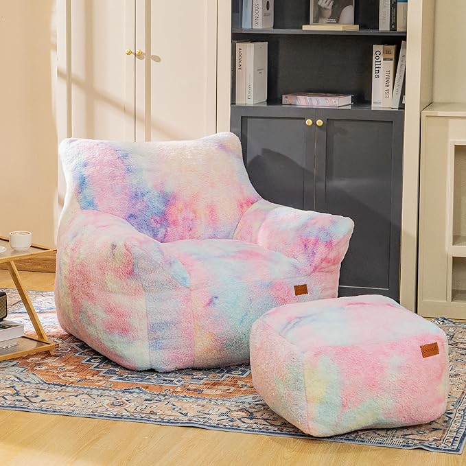 Cvortll Bean Bag Chair, Sherpa Accent Beanbag Chair and Ottoman Set, Fur Faux BeanBag Chair with Memory Foam Filled, Lazy Sofa Comfy Cozy BeanBag Chair for Dorm, Apartment, Living Room (Colorful)