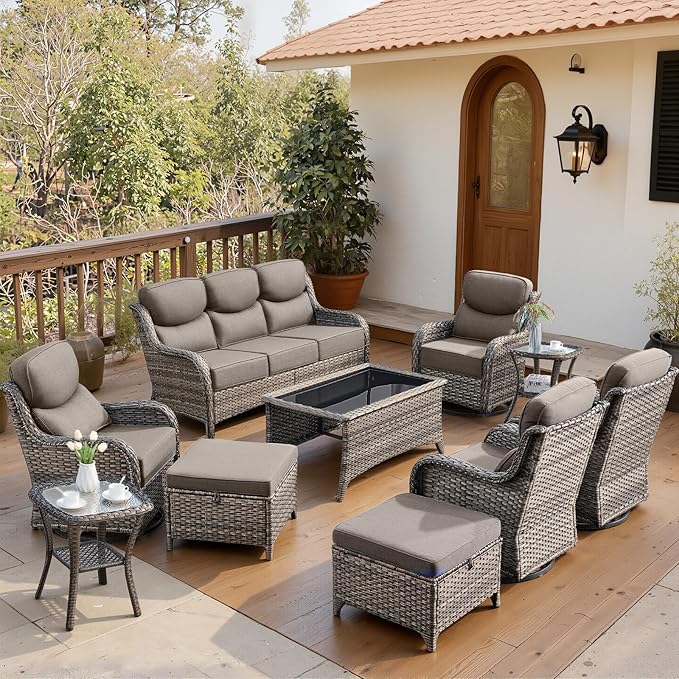 Belord Luxury 6" Thick Cushioned 10 Pieces Patio Furniture Set with Outdoor Couch, Wicker Outdoor Conversation Set with High Back Swivel Rocker Chairs for Deck Porch Yard and Poolside - Grey+Grey
