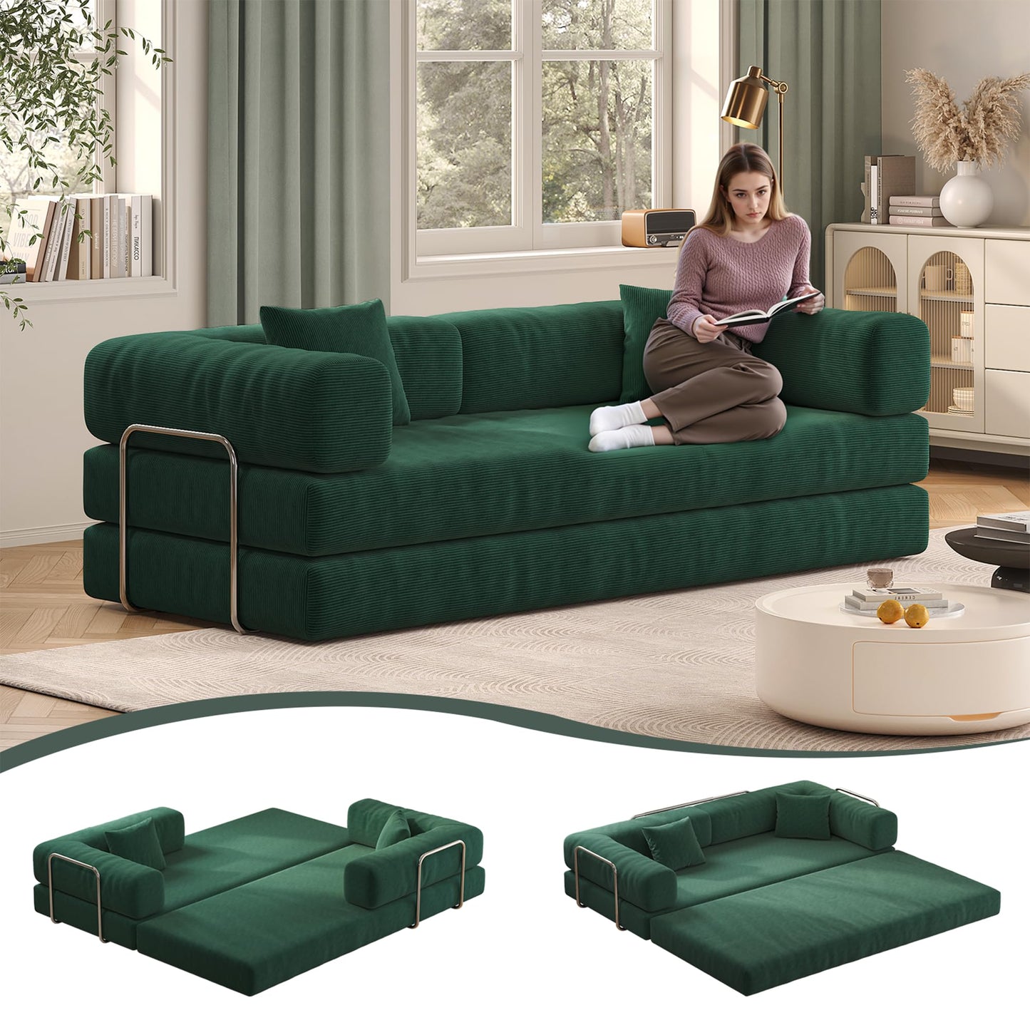 Carzzi-Life 79" Convertible Sofa Bed with Pillows, Corduroy Folding Sleeper Sofa with Fixed-Shape Frame, Boneless Couch for Living Room Bedroom, Floor Sofa Lounge No Assembly Required (Green)