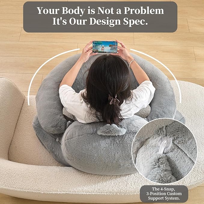 PAJEO Reading Pillow for Bed,U Shaped & Back Support Pillow for Bed,17" Backrest with Lumbar & Arm Support,Luxurious Faux Rabbit Fur,Gaming PillowFor Crochet/Reading/Watching TV,Gray