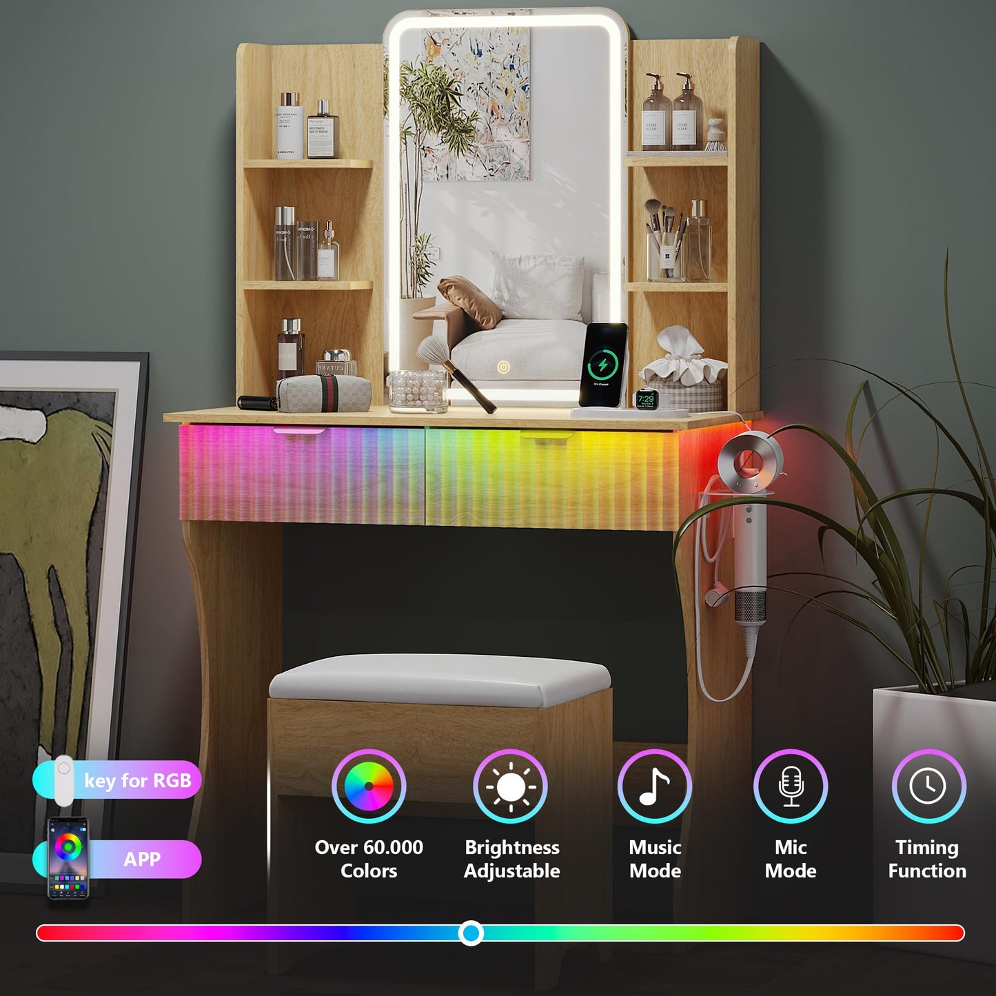 Small Vanity Desk with Mirror and Lights, Makeup Vanity with LED Lighted Mirror, Fluted Vanity with Lights Desk and Chair, 3 Lighting Adjustable Dressing Table with Charging Station for Women,Girls