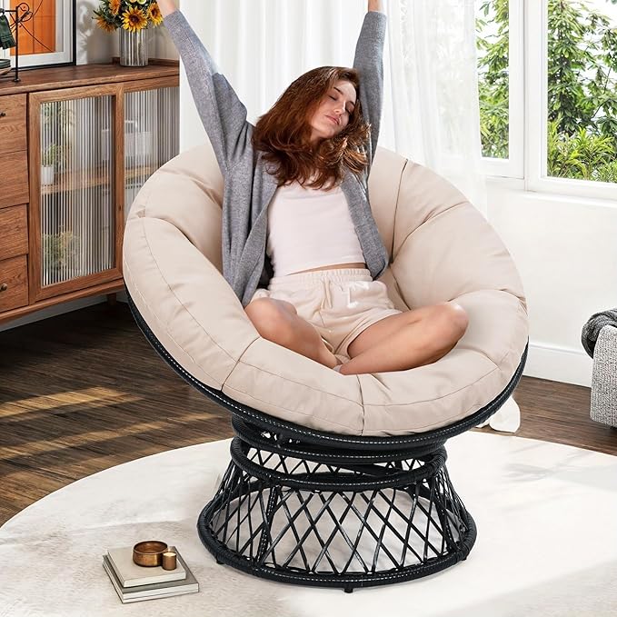 40" Ergonomic Wicker Papasan Chair, 360° Swivel Indoor Outdoor Rattan Chair with Soft Thick Cushion, Ideal for Living Room, Bedroom, Reading Room, Black Frame with Beige Cushion