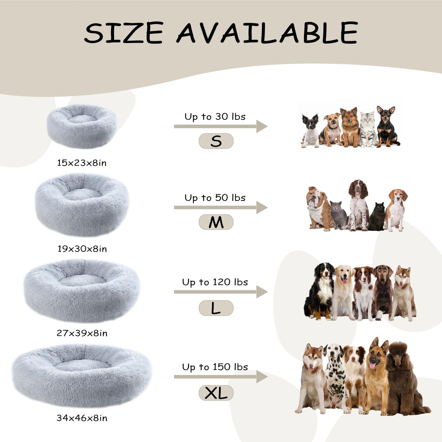 Bunlitent 39'' inch Calming Dog Bed, Plush Anti-Anxiety Donut Dog Bed for Small Medium Large Dogs, Warming Cozy Soft Cute Round Washable, Marshmallow Cuddler Nest Pet Bed, Grey