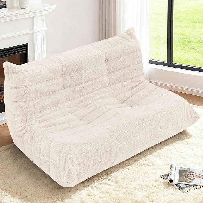 HABUTWAY Bean Bag Chairs Fireside Lazy Floor Sofa, Soft Teddy Fleece 2 Seater Sofa with High-Resilience Foam Filling，Beanbag for Living Room, Bedroom, Office (Beige Teddy)