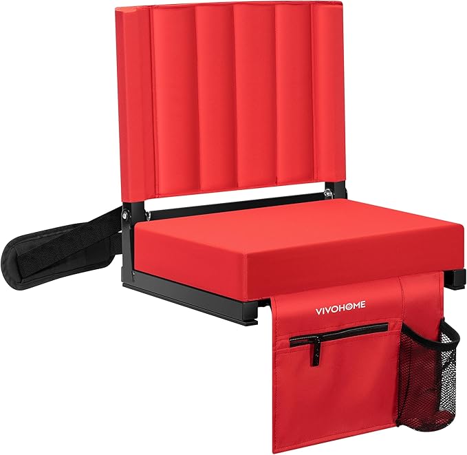 VIVOHOME Portable Stadium Seat for Bleachers with Back Support, Folding Bleacher Chair with Cup Holder and Shoulder Strap Red