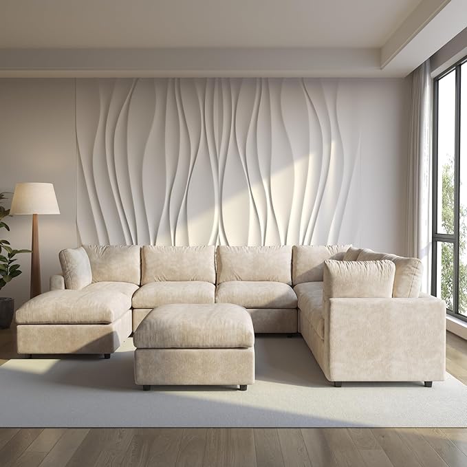 Modular Sectional Sofa with Ottoman,134inch U Shaped Convertible Cloud Couch,8 Seater Convertible V Shaped Living Room Sets,Cover Washable and Replaceable Couches for Living Room,Khkai