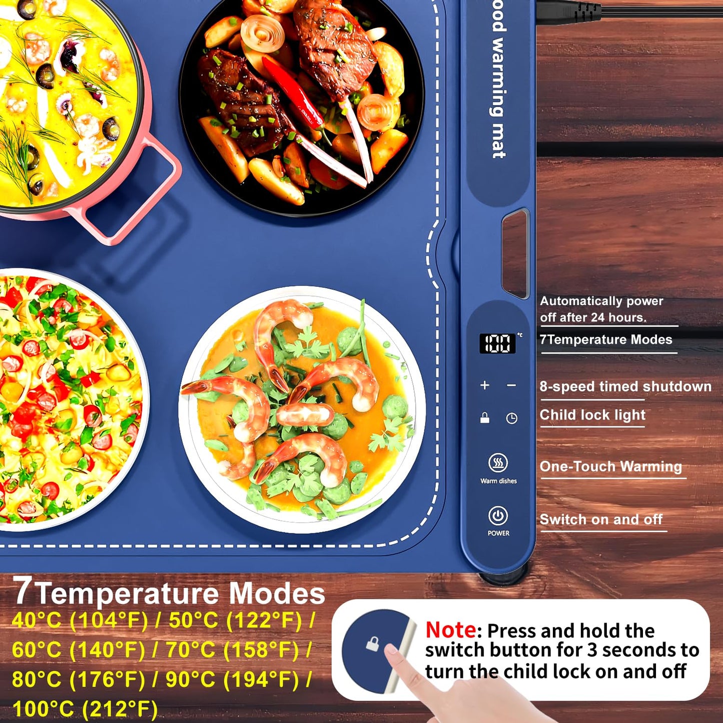 Warming Mat for Food - Electric Warming Tray, XL(32"x15") Food Warmer Mat with Fast Full Surface Heating, Silicone Heating Mat for Party Buffet, Great Gift for Women, Hosts, New Homeowners (Blue)
