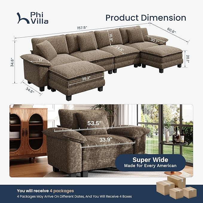 PHI VILLA Cloud Modular Couch Sets, 157.5" Sectional Sofa with U-Shaped Chaise, 6-Seater Couches with Movable Ottomans for Living Room, Chenille Fabric, Taupe