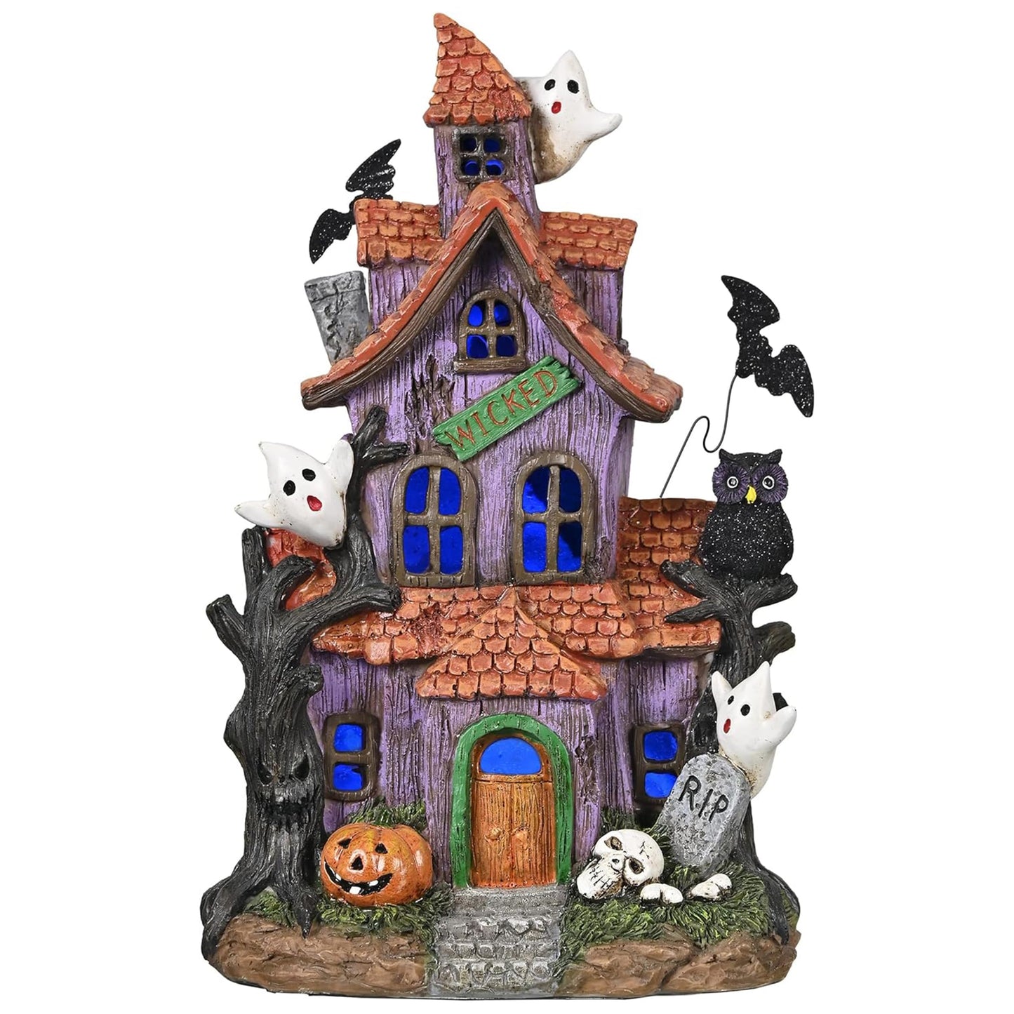 Valery Madelyn Halloween Decorations, Lighted Halloween Village Houses with LED Lights, Resin Spooky Town Happy Haunted House for Home and Party Table Desk Mantel, 9 Inch