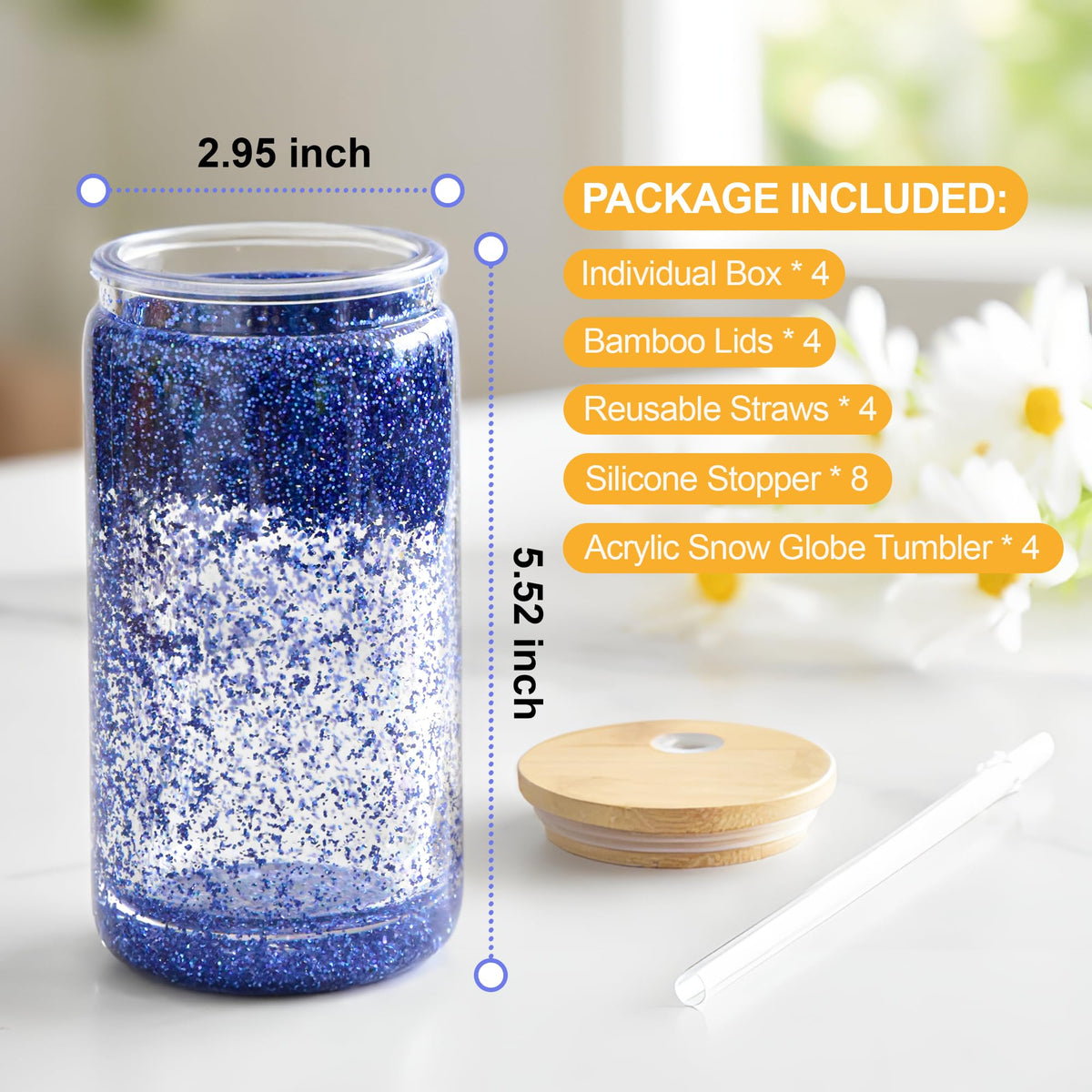 FECBK 4 Pack Acrylic Snow Globe Tumbler with Bamboo Lids and Straws 16 oz Plastic Snowglobe Tumbler with Pre Drilled Hole Clear Double Wall Snowglobe Cups for Snow Globe Glitter DIY