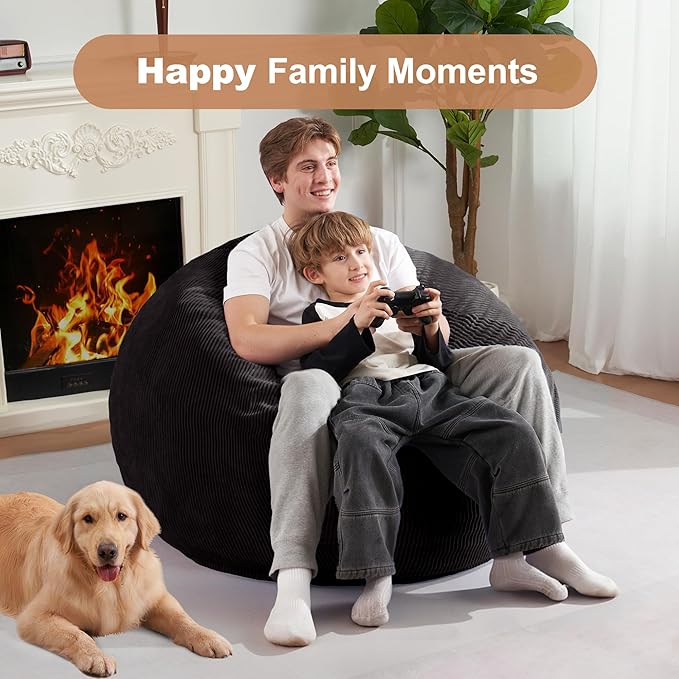 Homguava 3FT Bean Bag Chair: Teardrop Bean Bags with Memory Foam Filled, Compact Beanbag Chairs Soft Sofa with Corduroy Cover (Black)