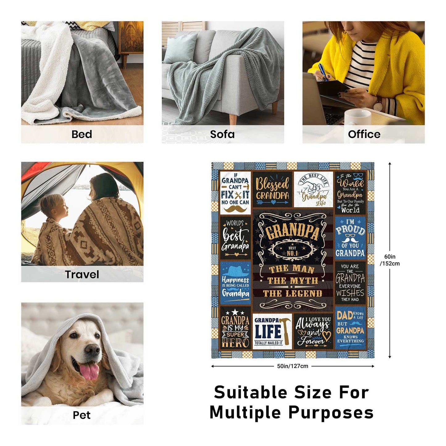 SIKLTY Grandpa Gifts Throw Blanket 60" x 50", Birthday Gifts for Grandpa from Grandchildren Grandkids, Best Gift for Grandfather from Granddaughter Grandson
