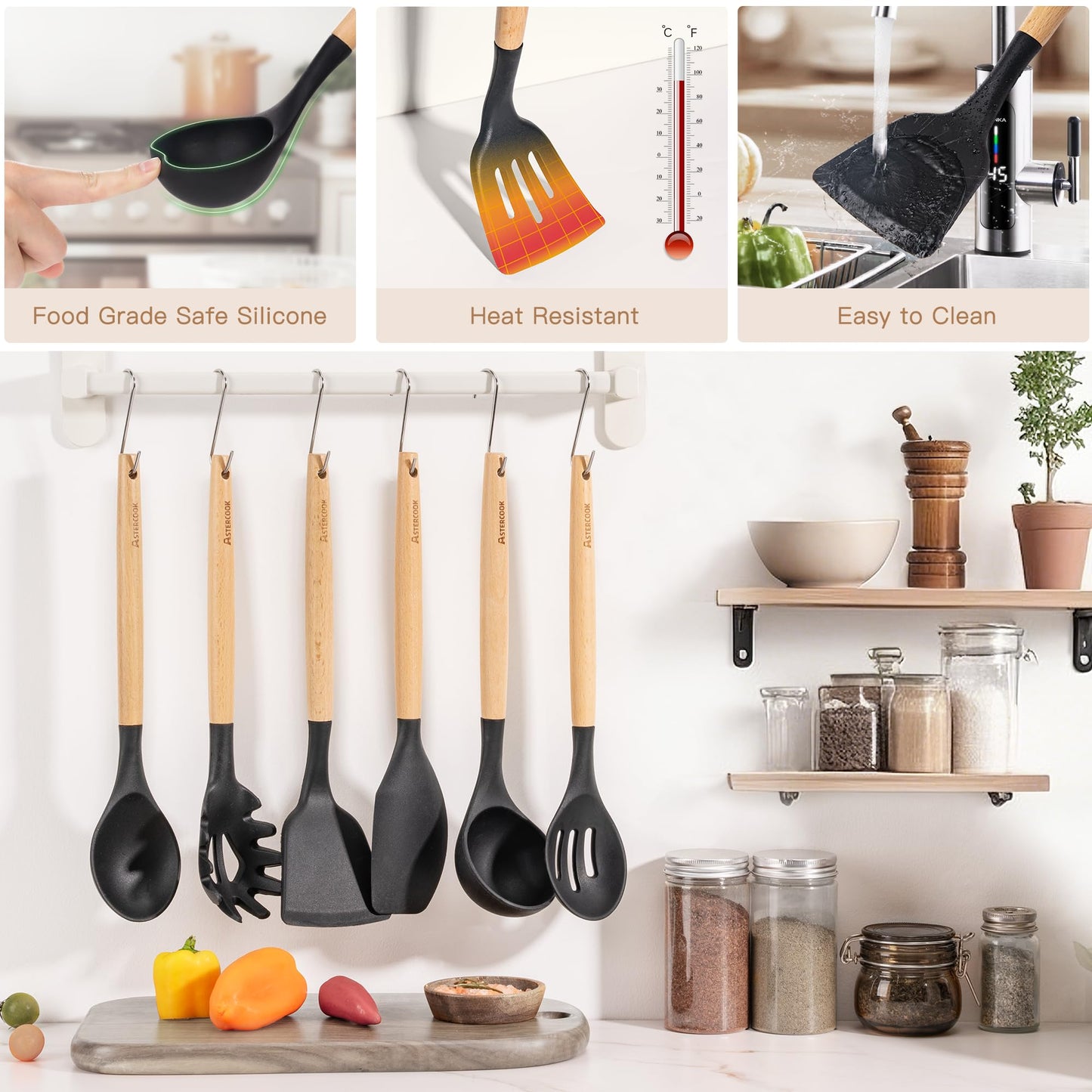Astercook Kitchen Utensils set, 39 PCS Silicone Cooking Utensils Set with Wooden Handle, 446°F Heat Resistant Food Grade Utensil Sets, BPA Free Kitchen Gadgets Tools Set for Nonstick Cookware (Black)