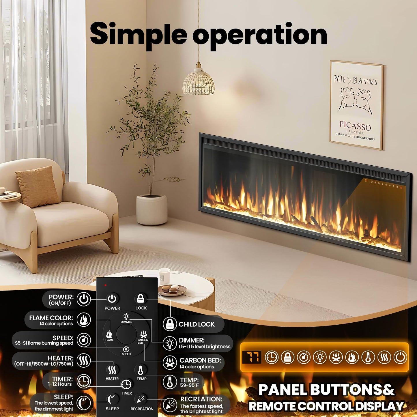 42 inch Electric Fireplace Inserts and Wall-Mounted, 750w/1500w Recessed Fire Place Heater W/Touch Screen & Remote Control, Adjustable 13 Flame Color and 5 Brightness, 12H Timer for Living Room
