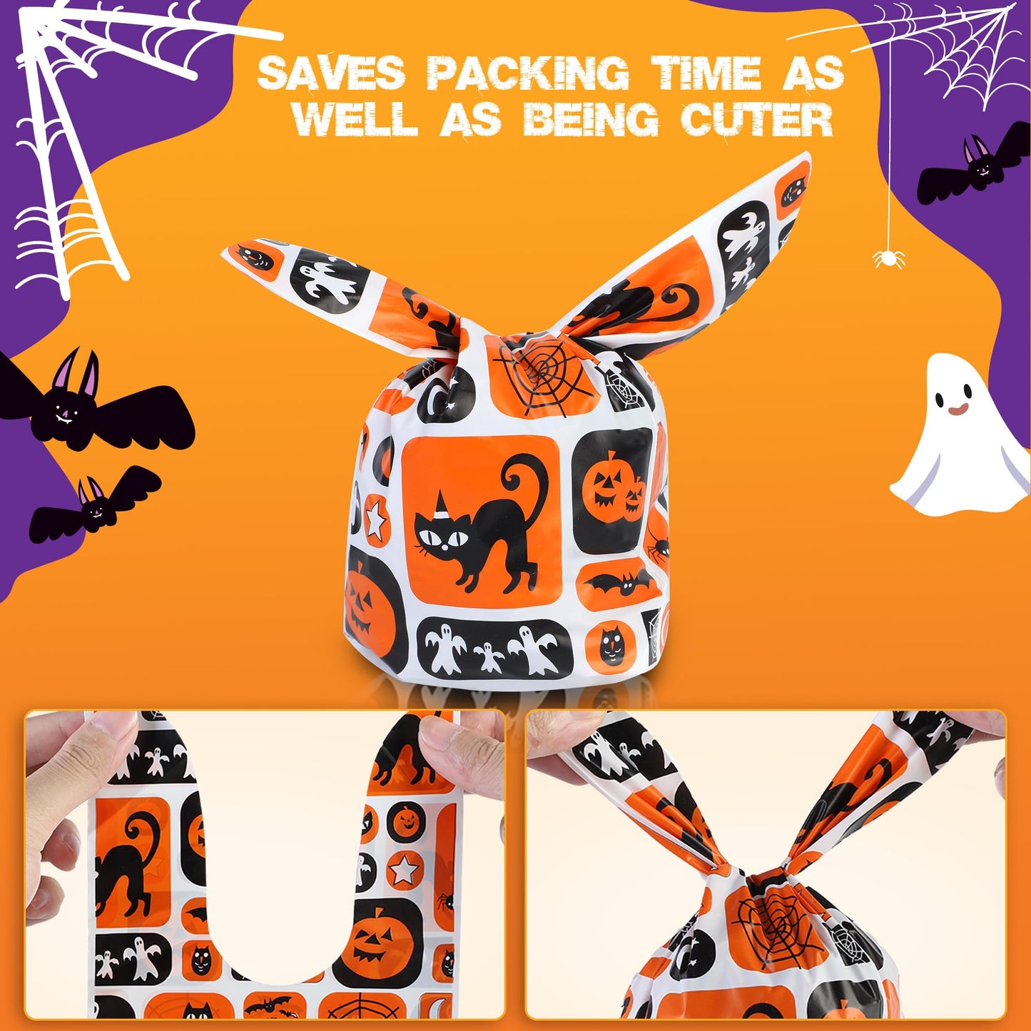 YIHCE Halloween Candy Bags 180 PCS, Cute Rabbit Ear Halloween Treat Bag Bulk, 6 Styles Small Plastic Goodie Bags for Trick or Treat, Pumpkin & Ghost Elements, Party Favor for Party Supplies
