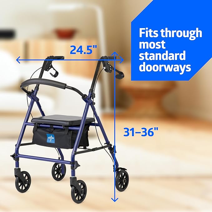 Medline Rollator Walker with Seat, Steel Rolling Walker with 6-inch Wheels Supports up to 350 lbs, Medical Walker, Blue