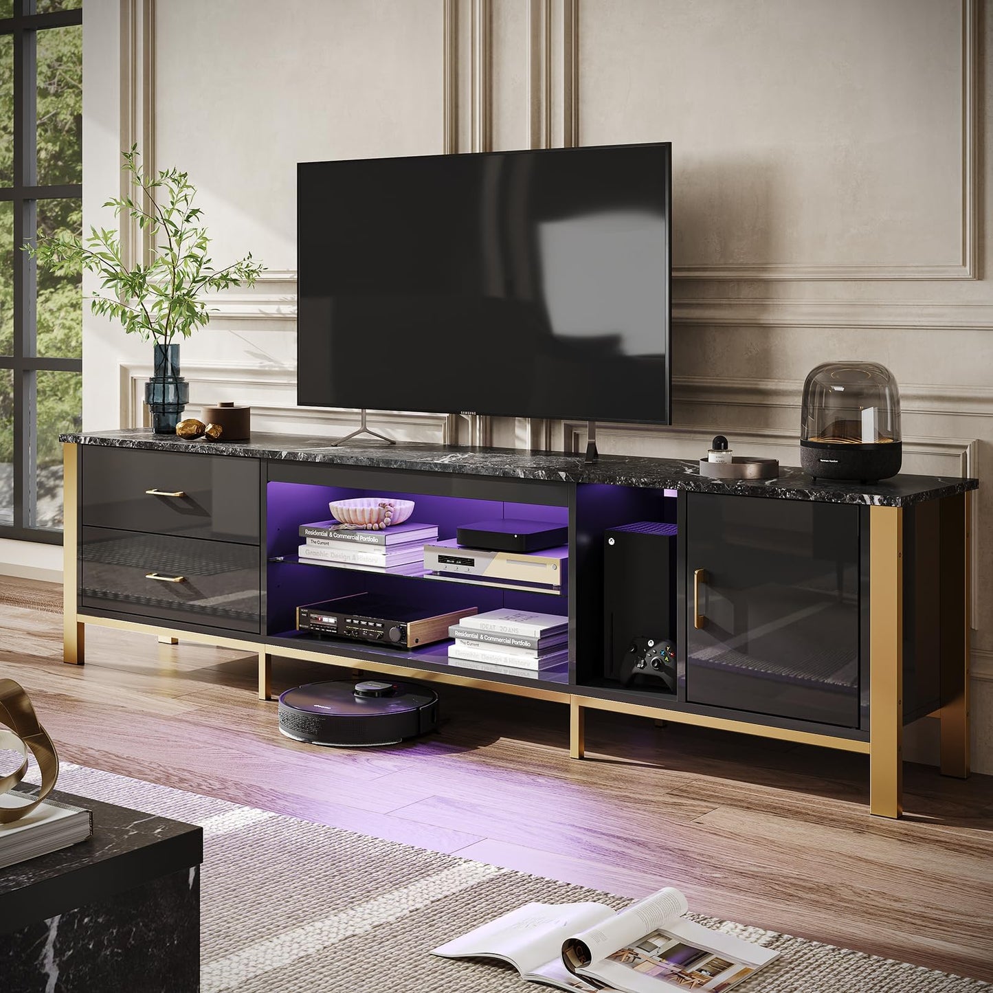 Bestier TV Stand for 75/80/85/90 Inch TVs, LED Gaming Entertainment Center, Modern TV Cabinet with Glass Shelves for Living Room, 2 Storage Drawers & Cabinets for Bedroom, Black Glossy