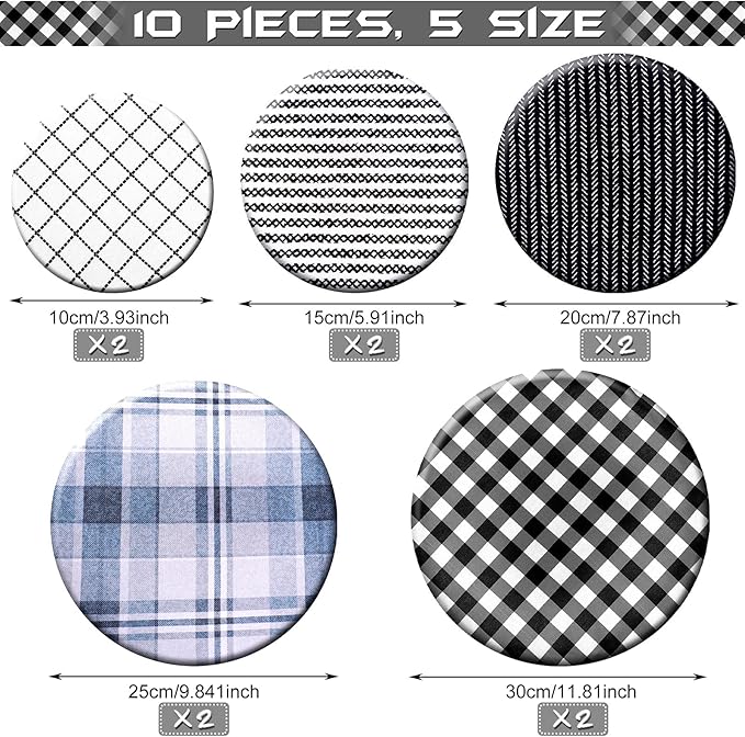 Patelai 10 Pcs Bowl Covers Reusable in 5 Size Stretch Cloth Fabric Elastic Food Storage Bowl Covers Bread Sourdough Lids for Proofing Food Fruits Leftover(Black, White, Blue,Plaid Style)