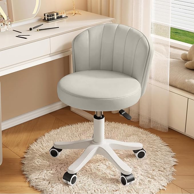 Small Round Rolling Desk Chair Armless Comfy Vanity Computer Chair with Low Backrest PU Leather Height Adjustable Swivel Work Spa Chair